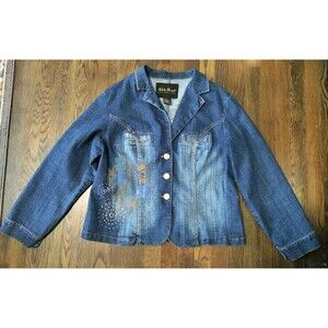 Ashley Stewart Jean Jacket Women's 18W Blue Floral Design Studs Fade Buttons